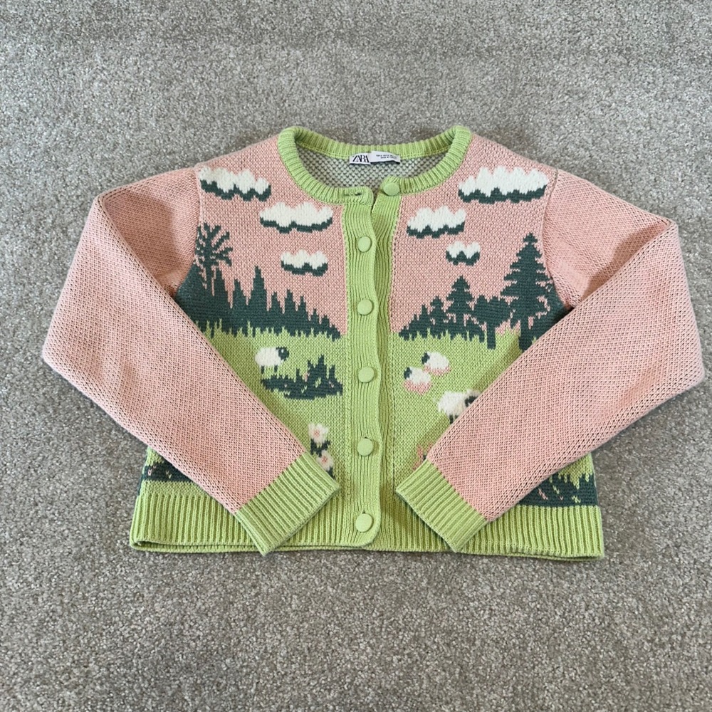 Zara Sheep Landscape Knit Cardigan Pink Green Pastoral Cottagecore Sweater Small - Picture 1 of 8